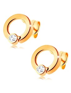 Šperky Eshop - Zlaté diamantové náušnice 585 - lesklá obruč s briliantom čírej farby BT501.20