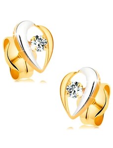 Šperky Eshop - Zlaté náušnice 585 - dvojfarebné zahnuté línie lemujúce číry zirkón GG177.16