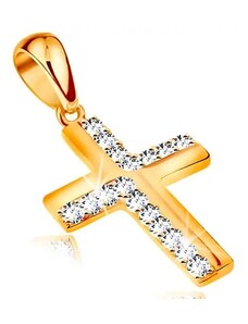 Šperky Eshop - Zlatý prívesok 585 - latinský krížik zdobený líniami zirkónov čírej farby S2GG195.23