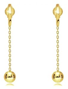 Šperky Eshop - Náušnice v žltom zlate 585 - lesklá gulička visiaca na retiazke, puzetky GG34.22
