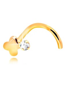 Šperky Eshop - Zahnutý piercing do nosa, žlté 14K zlato, číry zirkón a lesklý krížik S2GG206.09