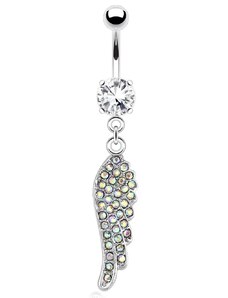 Šperky Eshop - Oceľový piercing do bruška, anjelské krídlo s dúhovými zirkónmi AB12.16