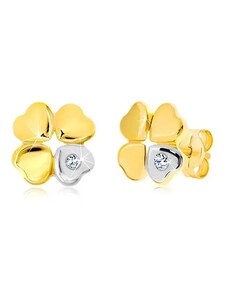 Šperky Eshop - Diamantové náušnice zo zlata 585 - štvorlístok pre šťastie, srdiečko s briliantom BT504.19