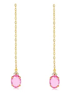 Šperky Eshop - Zlaté náušnice 375 - oválny zirkón ružovej farby, tri číre zirkóniky, retiazka S1GG158.28