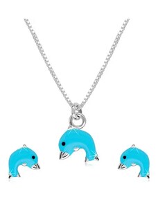 Šperky Eshop - Strieborný 925 dvojset - náhrdelník a náušnice, delfínik s modrou glazúrou R19.03