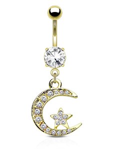 Šperky Eshop - Oceľový piercing do pupku - mesiačik a hviezdička vykladané zirkónikmi, číry zirkón v kotlíku W26.39