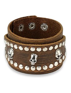 Šperky Eshop - Kožený náramok v hnedej farbe - široký pás vybíjaný lebkami a okrúhlymi nitmi T01.11