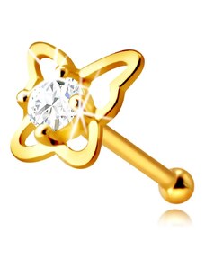 Šperky Eshop - Zlatý piercing do nosa z 9K zlata - kontúra motýľa s okrúhlym zirkónom čírej farby, 2,25 mm S4GG244.58