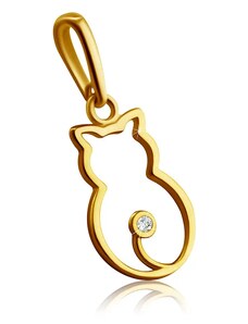 Šperky Eshop - Prívesok zo 14K žltého zlata - obrys sediacej mačky, číry okrúhly briliant v objímke S3BT508.20