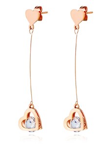 Šperky Eshop - Visiace oceľové náušnice - zdvojené srdce na lanku s čírym zirkónom, medená farba, puzetky S80.04
