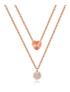 Šperky Eshop - Dvojitý oceľový náhrdelník - srdiečko a číry zirkón v objímke, medená farba S78.03