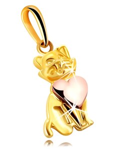 Šperky Eshop - Lesklý prívesok z kombinovaného 9K zlata - sediaca mačička so srdcom S4GG243.12