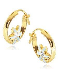 Šperky Eshop - Zlaté 14K náušnice - menšie kruhy, svetlomodrý kvietok, číry zirkón, 12 mm S2GG242.56