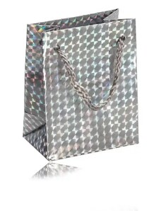 Šperky Eshop - Papierová darčeková taštička holografická - strieborná farba, sivé šnúrky Y32.09