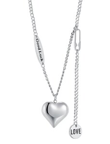 Šperky Eshop - Oceľový náhrdelník - veľké srdce, známky s nápismi "Good Luck" a "LOVE" SP13.25