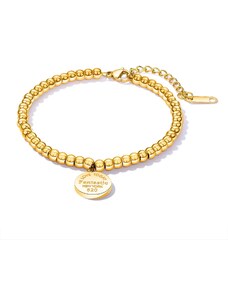 Šperky Eshop - Guličkový náramok z chirurgickej ocele - okrúhla známka s nápisom "LOVE TODAY", zlatá farba SP75.20