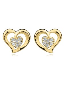 Šperky Eshop - Náušnice zo žltého 14K zlata - obrys srdca, srdiečko s čírymi zirkónmi S5GG255.69