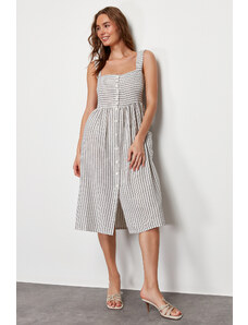 Trendyol Ecru Buttoned Striped Linen Look Midi Woven Dress