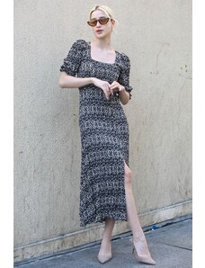 Madmext Black Square Collar Patterned Long Dress