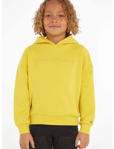 Detská bavlnená mikina Calvin Klein Jeans žltá farba, s kapucňou, jednofarebná