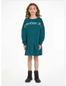 Dievčenské bavlnené šaty Calvin Klein Jeans zelená farba, mini, áčkový strih