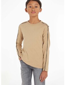 Bavlnené tričko s dlhým rukávom Calvin Klein Jeans béžová farba, jednofarebný