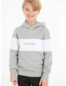 Detská bavlnená mikina Calvin Klein Jeans šedá farba, s kapucňou, vzorovaná