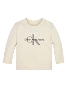 Tričko s dlhým rukávom pre bábätká Calvin Klein Jeans béžová farba, vzorovaný