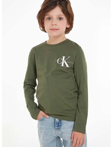 Detská bavlnená košeľa s dlhým rukávom Calvin Klein Jeans zelená farba, s potlačou