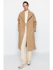 Trendyol Collection Béžový oversize široký kabát dlhý vlnený pečiatkový kabát