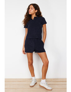 Trendyol Navy Blue Towel Regular/Normal Fit Polo Neck and Regular Leg Knitted Two Piece Set
