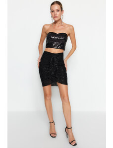 Trendyol Collection Čierna priliehavá pletená lemovaná trblietavá flitrová sukňa