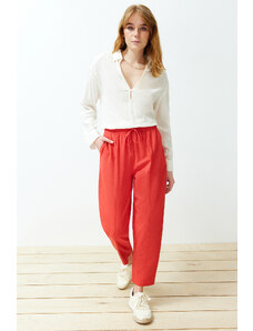 Trendyol Red Elastic Waist Linen Blended Woven Trousers