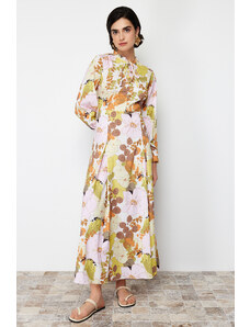 Trendyol Modest Žlté bavlnené tkané šaty s kvetinovým vzorom s rozšírenou sukňou