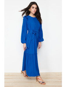 Trendyol Modest Modrá sukňa s volánovou sukňou s opaskom na pleciach Podšitá viskózou, zmiešané tkané šaty