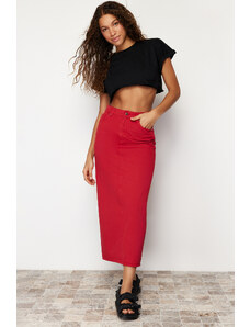 Trendyol Collection Červená rozparkovaná Maxi džínsová sukňa