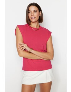 Trendyol Collection Fuchsiová 100 % bavlnená vata Základné pletené tričko s výstrihom