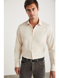 GRIMELANGE Carlsten pánsky Slim Fit taliansky golier zo 100% bavlny, popelínová svetlobéžová košeľa