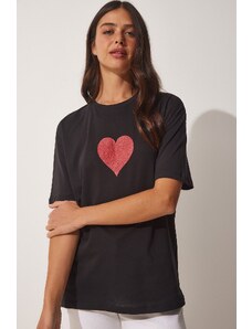 Happiness İstanbul Dámske čierne nadrozmerné pletené tričko s trblietavým srdcom s potlačou