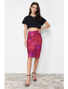 Trendyol Collection Prémiová fuchsiová potlačená tylová pletená sukňa midi s vysokým pásom