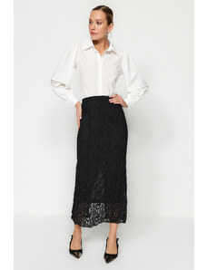 Trendyol Collection Čierna čipka s obyčajným pásom, maxi podšitá strečová pletená sukňa