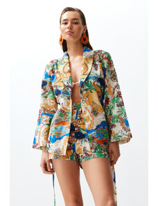 Trendyol Collection Súprava kimonových šortiek zo 100 % bavlny s tropickým vzorom a pásom