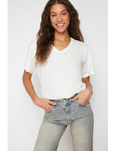 Trendyol Collection Ecru 100% bavlna Oversize/Wide Fit Pletené tričko s výstrihom do V