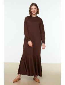 Trendyol Modest Hnedé pletené šaty so sukňou s výstrihom
