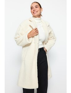 Trendyol Collection Ecru Oversize široký plyšový kabát