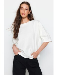 Trendyol Collection Ecru 100 % bavlna Premium oversize/široký strih pletené tričko s trojštvrťovým rukávom