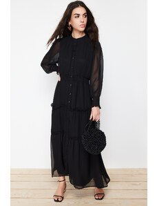 Trendyol Modest Čierne košeľové šaty s podšívkou a lemom v páse