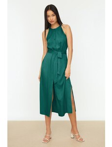 Trendyol Collection Tkané midi košeľové šaty s prevládajúcim golierom smaragdovozeleným opaskom