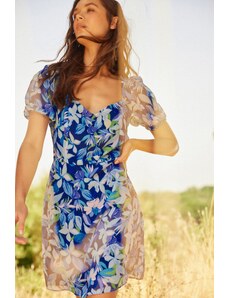 Trendyol Collection Modré kvetinové mini tkané šaty A-line šifónovou podšívkou
