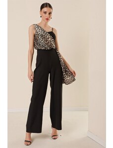 By Saygı One Side Thick Straps Leopard Pattern Satin Detailed Wide Leg Jumpsuit Black.